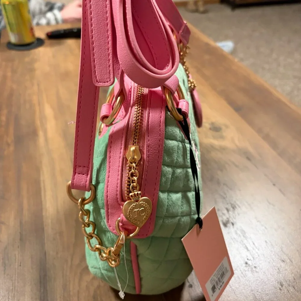 Juicy Couture Mint & Pink Quilted Satchel Bag with Heart Charm NWT